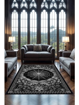 Homshtag Gotik Örümcek Ağı Temalı Halı Siyah Çiçekli Oturma Odası Halısı Hediyelik Örümcekli Halı