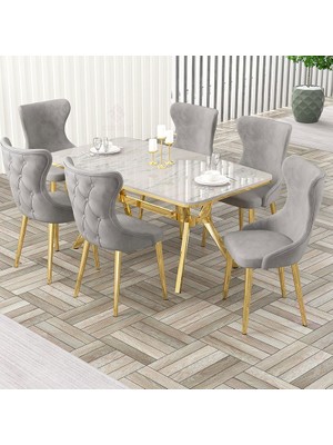 Canisa Esla Serisi 90X160 Lak Panel Beyaz Mermer Desen Gold Kaplama Ayaklı Masa Takımı ve 6 Sandalye