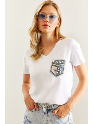 Shade Kadın Incili Taş Çakmalı Kot Detaylı Penye T-Shirt