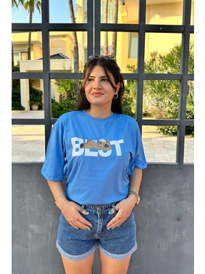 İpli Mavi Renk Best Baskı Ayıcık Desenli Unisex Oversize T-Shirt