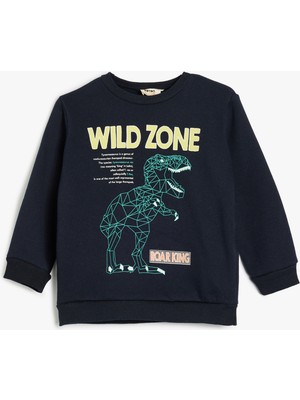 Koton Dinozorlu Sweatshirt Bisiklet Yaka Uzun Kollu Lacivert Renk Grafik Desenli Erkek Çocuk