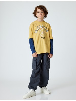 Koton Oversize Tişört Kolej Baskılı Uzun Kollu Bisiklet Yaka Pamuklu