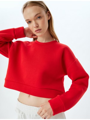 Koton Crop Spor Oversize Sweatshirt Basic Bisiklet Yaka Şardonlu