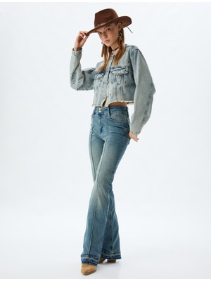 Koton Ispanyol Paça Kot Pantolon Slim Fit Standart Bel Nervürlü Düğmeli - Flare Jean
