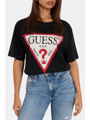 Guess Ss Cn Shiny Pamuklu Bisiklet Yaka T-Shirt W4YI34I3Z14 Kadın T-Shirt W4YI34 I3Z14 Jblk