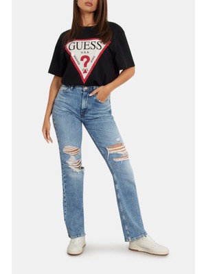 Guess Ss Cn Shiny Pamuklu Bisiklet Yaka T-Shirt W4YI34I3Z14 Kadın T-Shirt W4YI34 I3Z14 Jblk