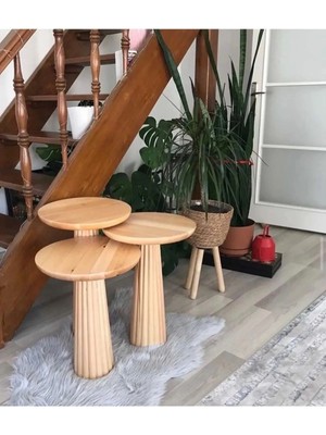 Simillo Home & Living Wood Ahşap 3’Lü Set Fitilli Mantar Yan Sehpa Modern Fiskos / Çiçeklik