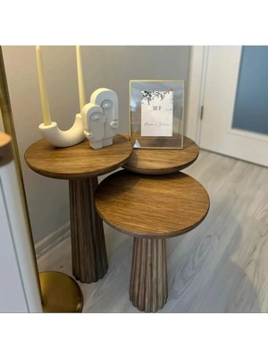 Simillo Home & Living Wood 3’Lü Set Mantar Yan Sehpa Modern Ahşap Ceviz Renk Fiskos / Çiçeklik