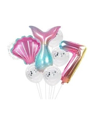 Parti Avm Deniz Kızı Balon 7li Set ( Denizkızı Deniz Kabuğu Rakam Balon ve Pullu Şeffaf Balon Buketi )
