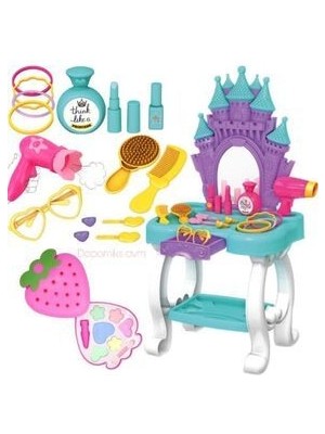 Oyuncak Şato Güzellik Masası Aynalı Aksesuarlı + Sürülebilir Çilek Makyaj Seti Kız Çocuk Oyuncakları