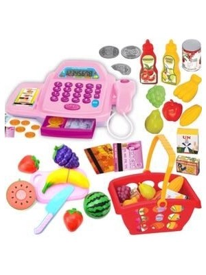 Depomiks Oyuncak Yazar Kasa Pilli Sesli Barkod Okuyuculu + Market Sepeti + Kesilebilen Meyve Sebze Set