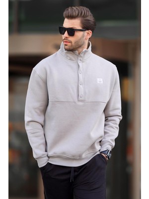 Madmext Boyalı Gri Dik Yakalı Düğme Detaylı Erkek Sweatshirt 7060