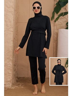 Remsa Mayo Likralı Tam Kapalı Kelebek Kruvaze Tesettür Mayo 4024 Siyah