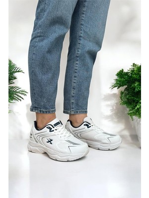 Liger Unisex Spor Ayakkabı Beyaz - Lacivert Su İtici Malzeme ile Aşınmaya Karşı Dayanıklı