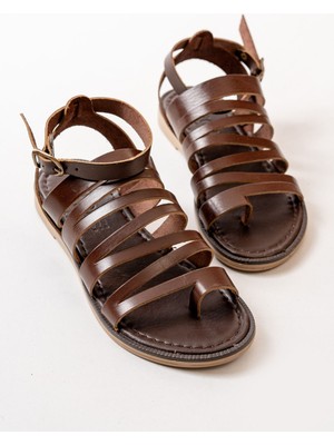 Koyu Kahve Ortopedik Deri Kadın Sandalet