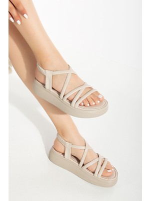 Bej Dolgu Topuk Kadın Sandalet