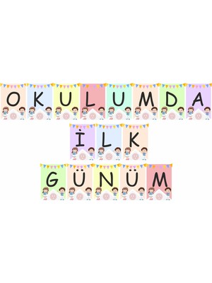Hepenuygun Okulumda İlk Günüm Karton Bayrak Seti 16 Adet A5 Eğlenceli Tasarım Çocuklar için
