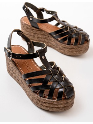 Siyah Ortopedik Deri Dolgu Kadın Sandalet