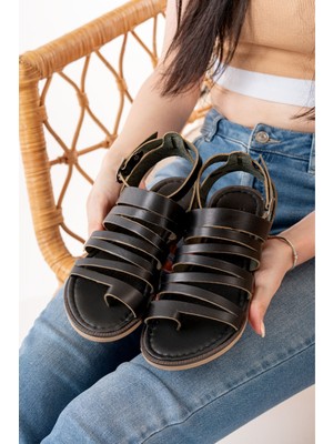 Siyah Ortopedik Deri Kadın Sandalet