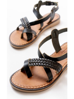 Siyah Ortopedik Deri Kadın Sandalet