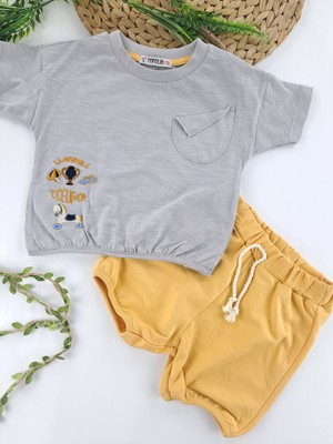 Bonboner Kids Erkek Bebek / Çocuk Şort Tişort Yazlık Ikili Takım Göğüs Cep Detaylı Bel Paça Lastikli Baskılı