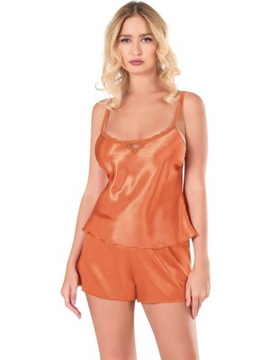 Primoda Shopidik Oranj Saten Babydoll Şort Takımı