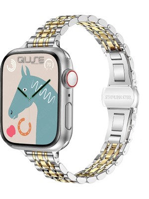 Quse Apple Watch Seri SE/11/10/9/8/7/6/5/3 ile Uyumlu 42MM-41MM-40MM-38MM Çelik İnce Jubilee Kordon Gümüş / Gold