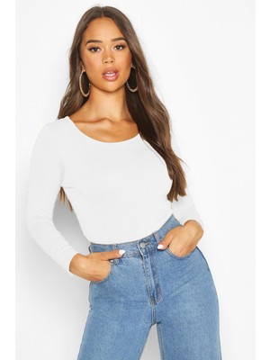 CHEISU Kadın Beyaz Uzun Kollu Yuvarlak Yaka T-Shirt Bluz Kaşkorse Fitilli