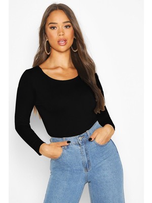 CHEISU Kadın Siyah Uzun Kollu Yuvarlak Yaka T-Shirt Bluz Kaşkorse Fitilli