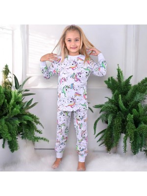 Lolliboom Kids Kız Çocuk Gri Melange Üzeri Çok Renkli Sevimli Efsanevi At Desenli Basic Pijama Takımı 2 Parça