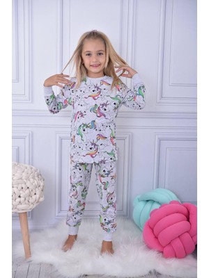 Lolliboom Kids Kız Çocuk Gri Melange Üzeri Çok Renkli Sevimli Efsanevi At Desenli Basic Pijama Takımı 2 Parça