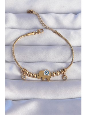 Style Of Carmen 316L Çelik Gold Renk Zirkon Taşlı Nazarlı Fil Tasarımlı Bileklik