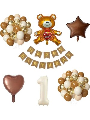 Store Kahverengi Kalp Ve Yıldızlı Ayıcıklı Doğum Günü Süsü Doğum Günü Parti Balon Seti