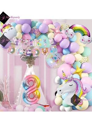 Store 8 Yaş Karakterli Unicorn Temalı Iyi Ki Doğdun Makaron Balon Doğum Günü Parti Kutlama Seti