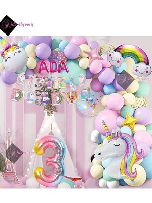 Store 3 Harfli 3 Yaş Karakterli Unicorn Temalı Iyi Ki Doğdun Makaron Balon Doğum Günü Parti Kutlama Seti