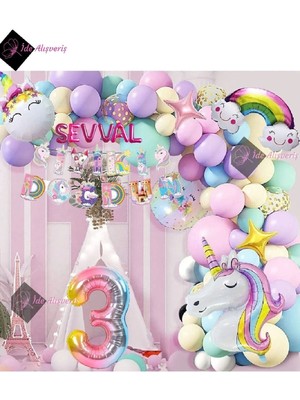 Store 6 Harfli 3 Yaş Karakterli Unicorn Temalı Iyi Ki Doğdun Makaron Balon Doğum Günü Parti Kutlama Seti