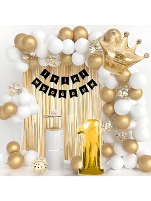 Store Kral Taçlı 1 Yaş Doğum Günü Gold Beyaz Balon Seti