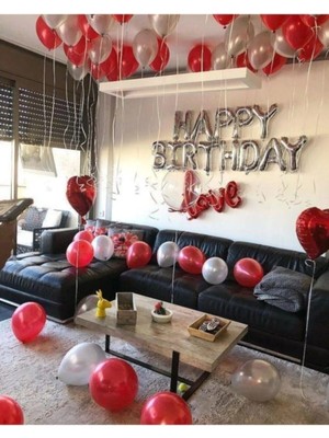 Store Kırmızı Gümüş Happy Bırthday Balon Seti (Sevgililer Seti )