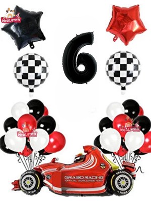 Store Formula Yarış Arabası 6 Yaş Siyah Kırmızı Beyaz Konsept Doğum Günü Parti Seti