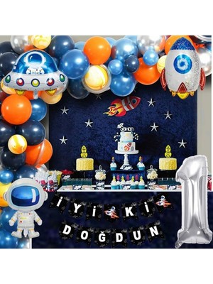 Store Uzay Temalı Doğum Günü Seti 1 Yaş; 4 Adet Folyo, 50 Lateks Balon, Banner, Balon Zinciri, Balon Bandı