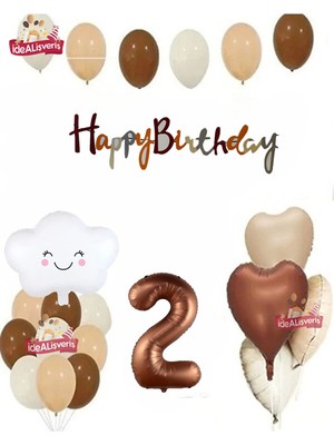 Store Kahverengi 2 Yaş Bulut Folyo Balonlu Krem Kahverengi Beyaz Doğum Günü Parti Seti