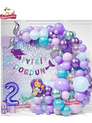 Store Deniz Kızı Bannerli Mor Deniz Kızlı Mor Rakamlı Lüks mor Doğum Günü Parti Seti Süsü
