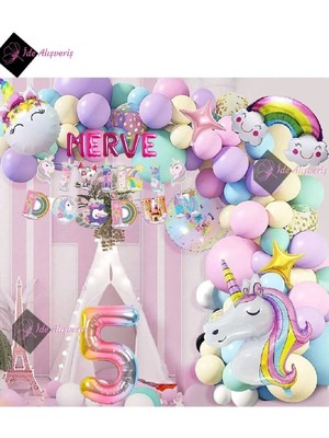 Store 5 Harfli 5 Yaş Karakterli Unicorn Temalı Iyi Ki Doğdun Makaron Balon Doğum Günü Parti Kutlama Seti
