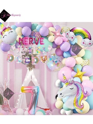 Store 5 Harfli 7 Yaş Karakterli Unicorn Temalı Iyi Ki Doğdun Makaron Balon Doğum Günü Parti Kutlama Seti