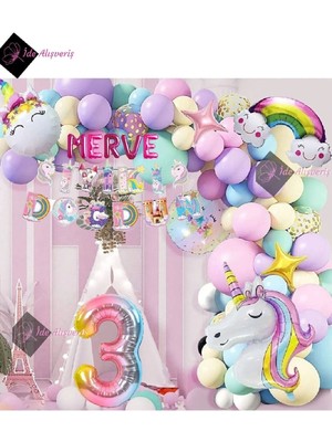 Store 5 Harfli 3 Yaş Karakterli Unicorn Temalı Iyi Ki Doğdun Makaron Balon Doğum Günü Parti Kutlama Seti