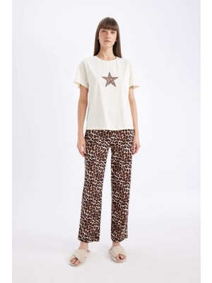 DeFacto Fall in Love Regular Fit Kısa Kollu Leopar Desenli Pijama Takımı D5665AX24AU