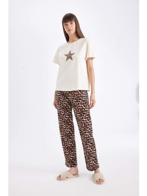 DeFacto Fall in Love Regular Fit Kısa Kollu Leopar Desenli Pijama Takımı D5665AX24AU