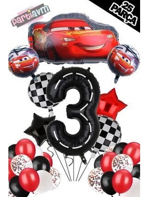 Parti Avm Siyah Rakam Balonlu Şimşek Mcqueen Balon Seti Arabalar (Cars) Konfetili Şeffaf Balon