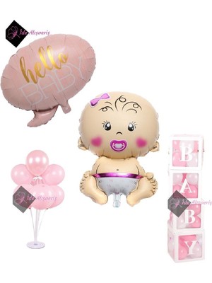 Store Lüks Hastane Oda Süsleme Seti Kız Bebek Folyo - Hello Baby Folyo - 4 Baby Kutu - 7 Li Stant
