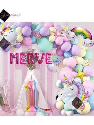 Store 5 Harfli 1 Yaş Gökkuşağı Konsepti Unicorn Temalı Makaron Balon Doğum Günü Parti Kutlama Seti